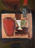 Still life with vase and coffee pot by Ian Humphreys, oil, sold Mar 2021