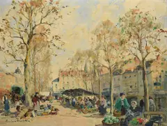 Scène de marché by Paul Émile Lecomte, oil, sold Mar 2021
