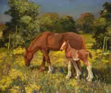 Horses in a Norfolk landscapeOil on canvasSigned and dated 1928 (lower right)92 x 110cm (36 x 43¼ in.)Provenance:Mrs Amy Bruce, Brooke Hall, Nr by Edward Seago, 1928, oil, sold Mar 2021