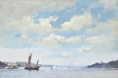 The Orwell at Pin Mill Oil on board Signed (lower left)42 x 62cm (16½ x 24¼ in.)Provenance:P by Edward Seago, Oil on board, sold Mar 2021