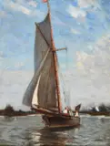 Figures in a sailing boat Oil on board Signed (lower left)34.5 x 26cm (13½ x 10 in.) by John Alfred Arnesby Brown, Oil on board, sold Mar 2021