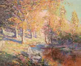 Wooded landscape with stream by Phelan Gibb, oil, sold Mar 2021
