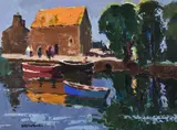 Boats and Mill by Donald McIntyre, oil, sold Mar 2021
