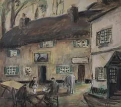 Outside the Inn by Phelan Gibb, charcoal and watercolourSigned, sold Mar 2021