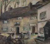 Outside the Inn by Phelan Gibb, charcoal and watercolourSigned, sold Mar 2021
