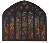 Study for a stained glass windowGouache and mixed media on paper laid to board65 x 71cm (25½ x 27¾ in.)Condition Report: The sheet is squared for transfer by Wilfred Gabriel De Glehn, mixed media on paper, sold Mar 2021