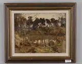 Woodland Oil on canvas Faintly inscribed to reverse 26 x 33cm (10 x 12 in.) Framed Condition Report: Slightly dirty Condition Report Disclaimer by John Russell Greig, Oil on canvas Faintly inscribed to reverse, sold Mar 2021