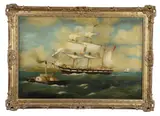 Maria at sea, with Hercules in the foreground and land beyondOil on canvasSigned lower left 61 x 91.5cm (24 x 36 in.) by E. J. Pegrum, oil, sold Jan 2021