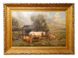 Cows resting outside a barn, with aynhoe park in the distance by H. Bale, oil, sold Jan 2021