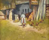 Lady feeding chickens Oil on board Signed lower right 41 x 51.5cm (16 x 20¼ in.) Condition Report: Good- slightly dirty Condition Report Disclaimer by Matt Bruce, Oil on board, offered Jan 2021