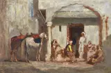 Horses and figures resting outside an inn by Jules Jacques Veyrassat, oil, sold Nov 2020