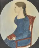 Portrait of a young girl, seated three-quarter-length, holding a red bookPen by Justus DaLee, ink and watercolour11, sold Nov 2020