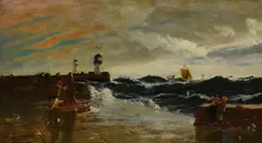 At the pierOil on canvas Signed lower left 46 x 83cm (18 x 32½ in.) by Edwin Ellis, oil, sold Nov 2020