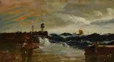 At the pierOil on canvas Signed lower left 46 x 83cm (18 x 32½ in.) by Edwin Ellis, oil, sold Nov 2020