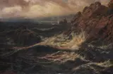 Moie Point, GuernseyOil on canvas Signed lower left, further signed and titled together with a small sketch verso 51 x 76cm (20 x 29¾ in.) by Thomas Rose Miles, oil, sold Nov 2020