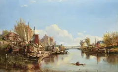 The QuaysideOil on canvas Signed and dated 1850 lower left 66 x 107.5cm (25 x 42¼ in.)Condition Report: There is a heavy wax relining by Samuel Bough, 1850, oil, sold Nov 2020