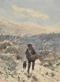 A figure and his dog in a snowy landscape by Henri-Joseph Harpignes, 1871, watercolor, sold Nov 2020