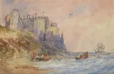 Coastal scene with Bamborough Castle in the distance by William Callow, 1905, watercolor, sold Nov 2020