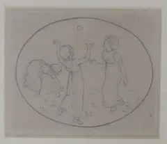Girls playing ball, Abbott & Holder label verso, 9.5 x 11cm by Kate Greenaway, pencil, sold Apr 2022