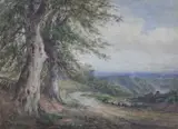 Shepherd and flock beside a lane by William Henry Vernon, watercolour, offered Apr 2022
