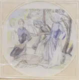 Study for Washerwomen, tondo, 47cm unframed by Averil Burleigh, watercolour, sold Apr 2022