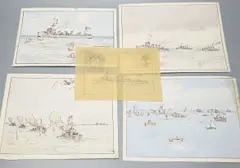 Warships at sea by Nelson Dawson, watercolor, sold Apr 2022
