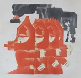 Figures with burning building beyond by Igor Obrosov, linocut, sold Apr 2022