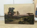 Travellers on heathland at sunset by Jack M. Ducker, oil on canvas, sold Apr 2022