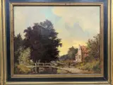 Dutch rural scene - figures on path by river by Willem Polderman, oil on canvas, sold Apr 2022