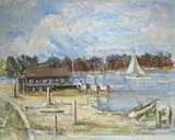 Yachts in harbour by Stephen Crowther, oil on board, sold Apr 2022