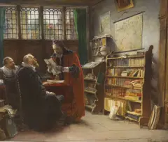 17th century interior with scholars by Adolf Humborg, oil on panel, sold Apr 2022