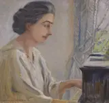 Lady playing the piano by Heinrich Hübner, oil on canvas, sold Apr 2022