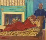 Interior with woman on a chaise longue by Jade Jagger, oil on board, offered Apr 2022