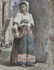 Spanish woman with a basket by Tomàs Moragas i Torras, 1864, watercolour, sold Apr 2022
