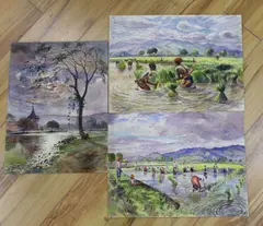 Rice planters and River landscapes by Mg Maung Gy, 1925, watercolor, sold Apr 2022