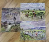 Rice planters and River landscapes by Mg Maung Gy, 1925, watercolor, sold Apr 2022