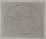 Girls playing ball, Abbott & Holder label verso, 9.5 x 11cm by Kate Greenaway, pencil, sold Apr 2022