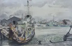 Torpedoed frigate by Roland Vivian Pitchforth, watercolour and ink, sold Apr 2022