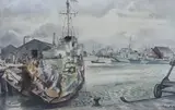 Torpedoed frigate by Roland Vivian Pitchforth, watercolour and ink, sold Apr 2022