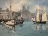 Shipping in harbour by Bernhard Laarhoven, oil on canvas, sold Mar 2022