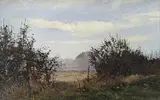 Field side landscape by Pamela Derry, oil on board, sold Mar 2022