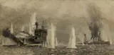 HMS Warspite and HMS Warrior at Jutland by William Lionel Wyllie, etching, sold Mar 2022