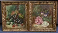 Still lifes of spring flowers and grapes, greengages and raspberries pair of oils on canvas signed 30 x 24cm by Oliver Clare, oil, sold Mar 2022
