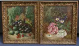 Still lifes of spring flowers and grapes, greengages and raspberries pair of oils on canvas signed 30 x 24cm by Oliver Clare, oil, sold Mar 2022
