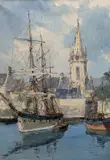 Harbour on the channel coast by Bernard Laarhoven, oil on canvas, sold Mar 2022