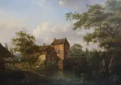 Figures beside a watermilloil on wooden panelsigned and dated by Julien-Joseph Ducorron, 1818, oil on wood, sold Mar 2022