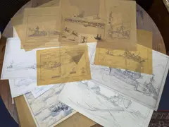 Assorted original artworks1 by Nelson Dawson, Ink and watercolour, Shipping viewed through clouds, signed, sold Mar 2022
