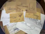 Assorted original artworks1 by Nelson Dawson, Ink and watercolour, Shipping viewed through clouds, signed, sold Mar 2022