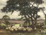 Shepherd and flock by Owen Bowen, oil on canvas board, sold Mar 2022