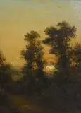 Woodland at sunset, indistinctly signed, 15 x 11cm by Lodewijk Johannes Kleijn, oil on wood, sold Mar 2022